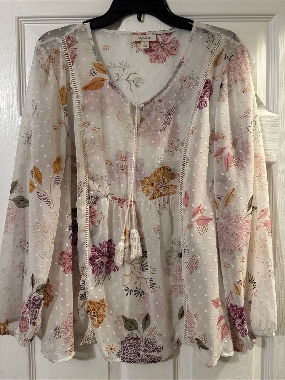 Style & Co. Cream Floral Swiss Dot Peasant Blouse with Tassel Tie